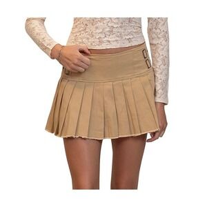 Madden Girl Khaki Pleated Mini Skirt Buckle Detail Raw Hem Size XS